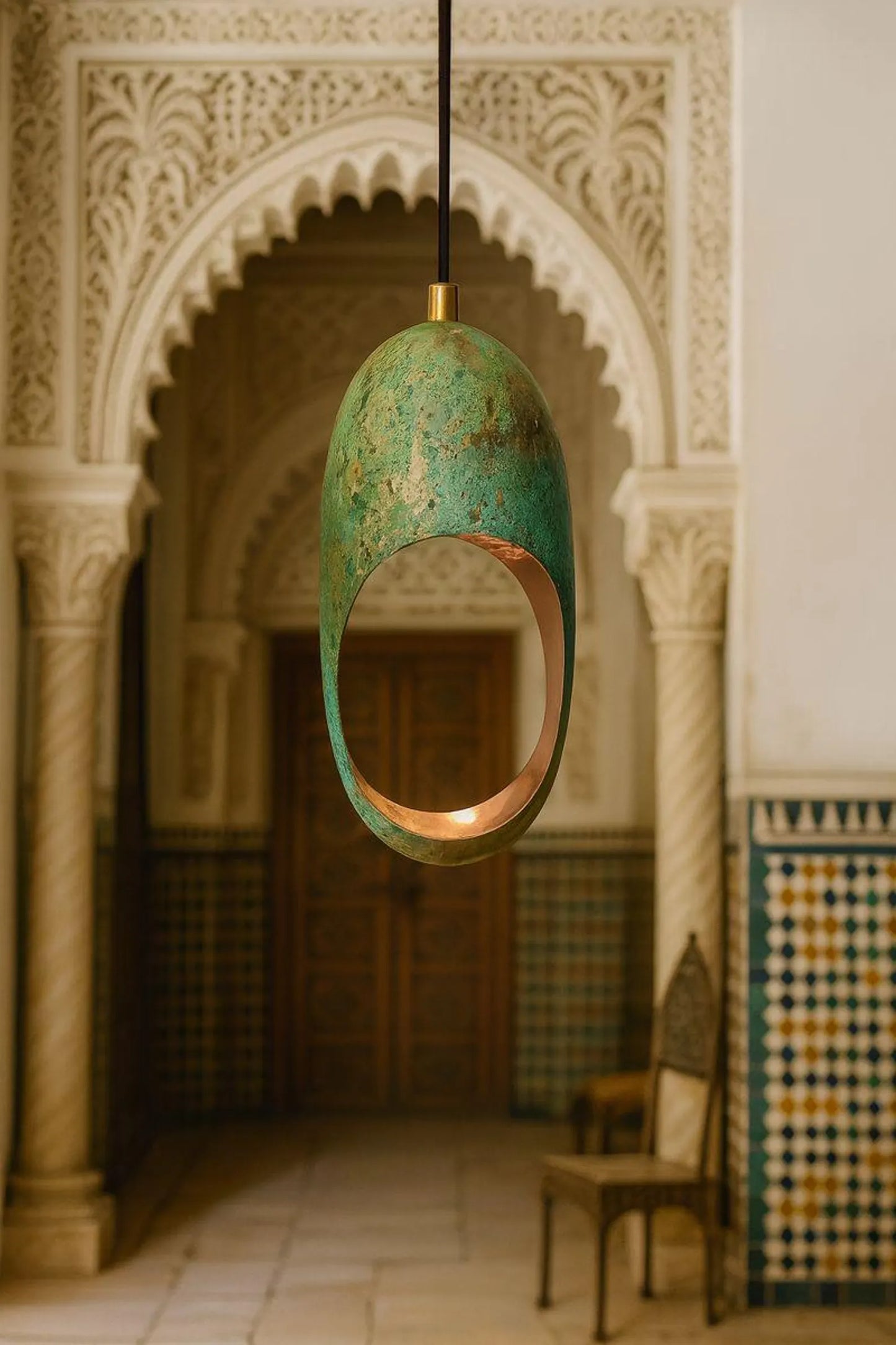 Set of 3 Green Patina Dome Pendant Lamp