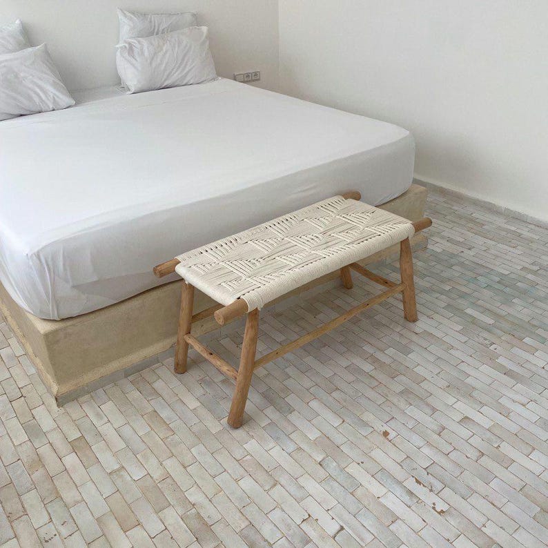 Moroccan Handwoven Bench with White Cord