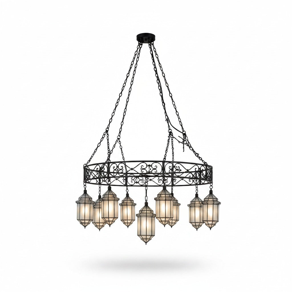 Set of 7 Moroccan Circular Chandelier 150cm – 8 Glass Lanterns