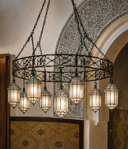 Set of 7 Moroccan Circular Chandelier 150cm – 8 Glass Lanterns