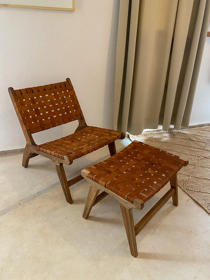 Set of Chair and small bench With brown leather