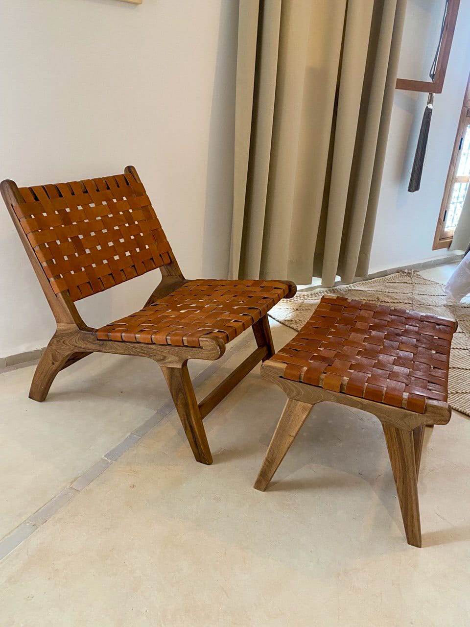 Set of Chair and small bench With brown leather