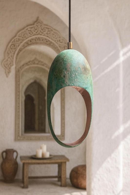 Set of 3 Green Patina Dome Pendant Lamp