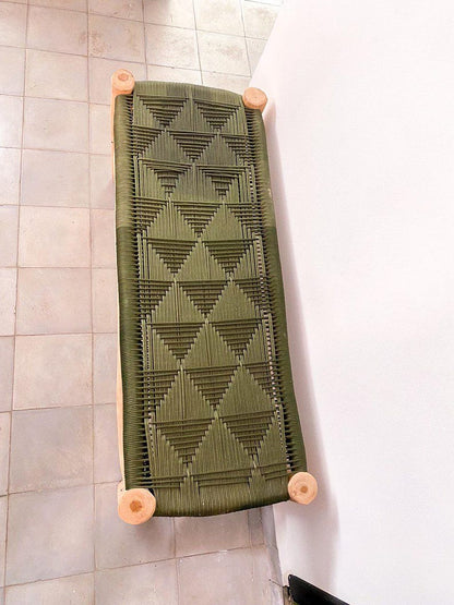 Handwoven Green Cord Bench – Rustic Natural Wood Frame