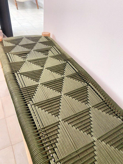 Handwoven Green Cord Bench – Rustic Natural Wood Frame
