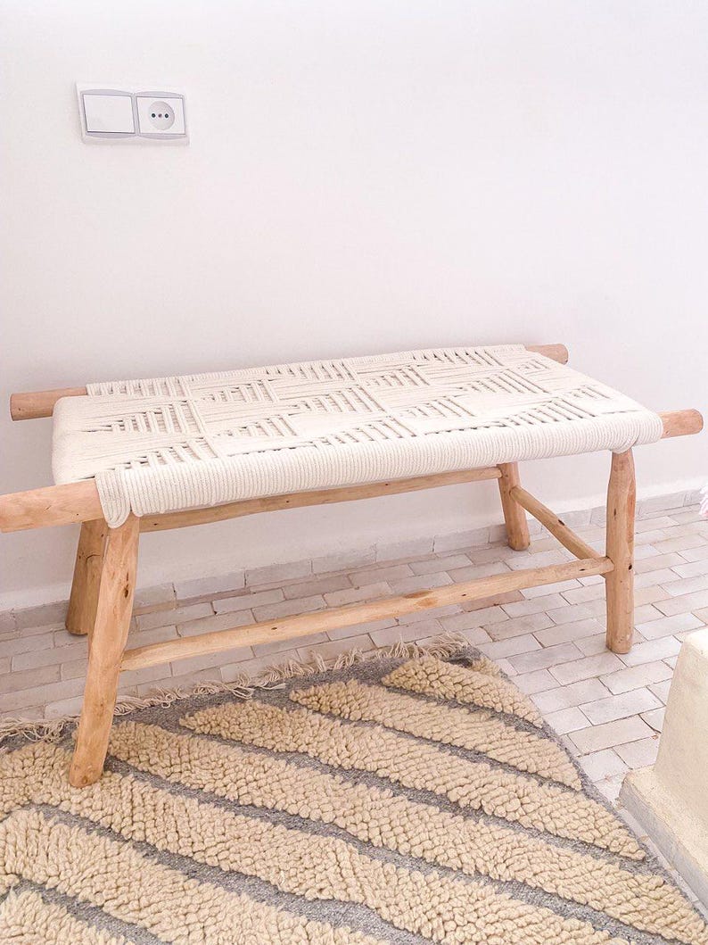 Moroccan Handwoven Bench with White Cord