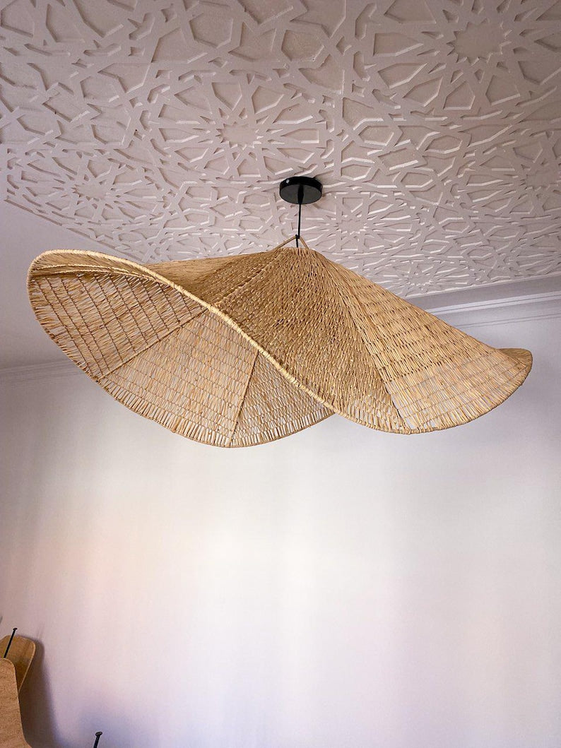 Flat Raffia Pendant Light – Bohemian Ceiling Lamp