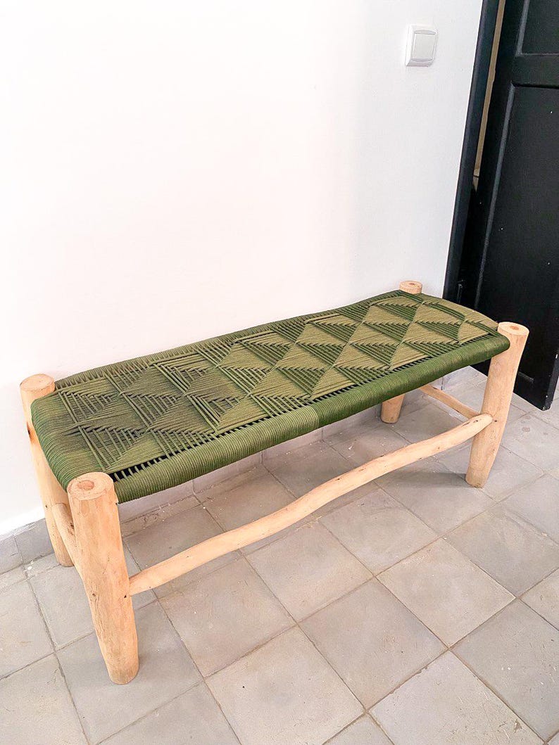 Handwoven Green Cord Bench – Rustic Natural Wood Frame