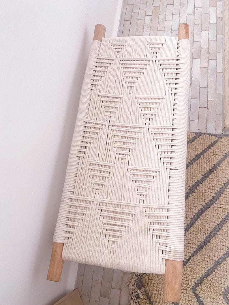 Moroccan Handwoven Bench with White Cord