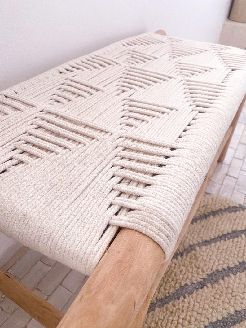 Moroccan Handwoven Bench with White Cord