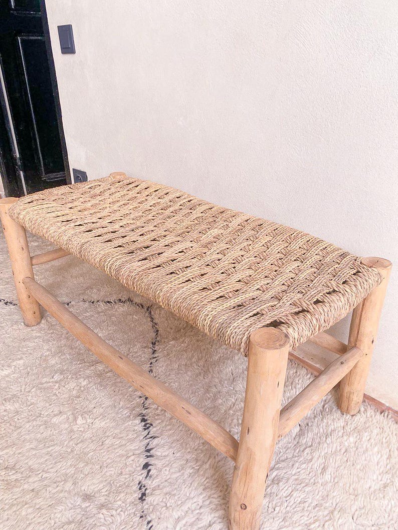 Moroccan wooden and rope bench
