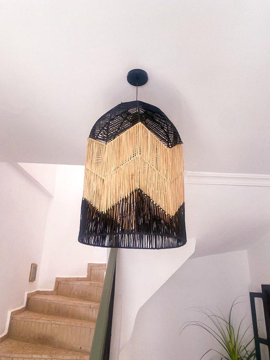 Handmade Raffia Pendant Light – Black & Beige Bohemian Lamp