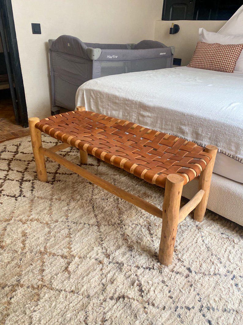 Moroccan Handcrafted Bench with Brown Leather