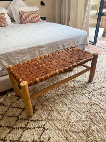 Moroccan Handcrafted Bench with Brown Leather