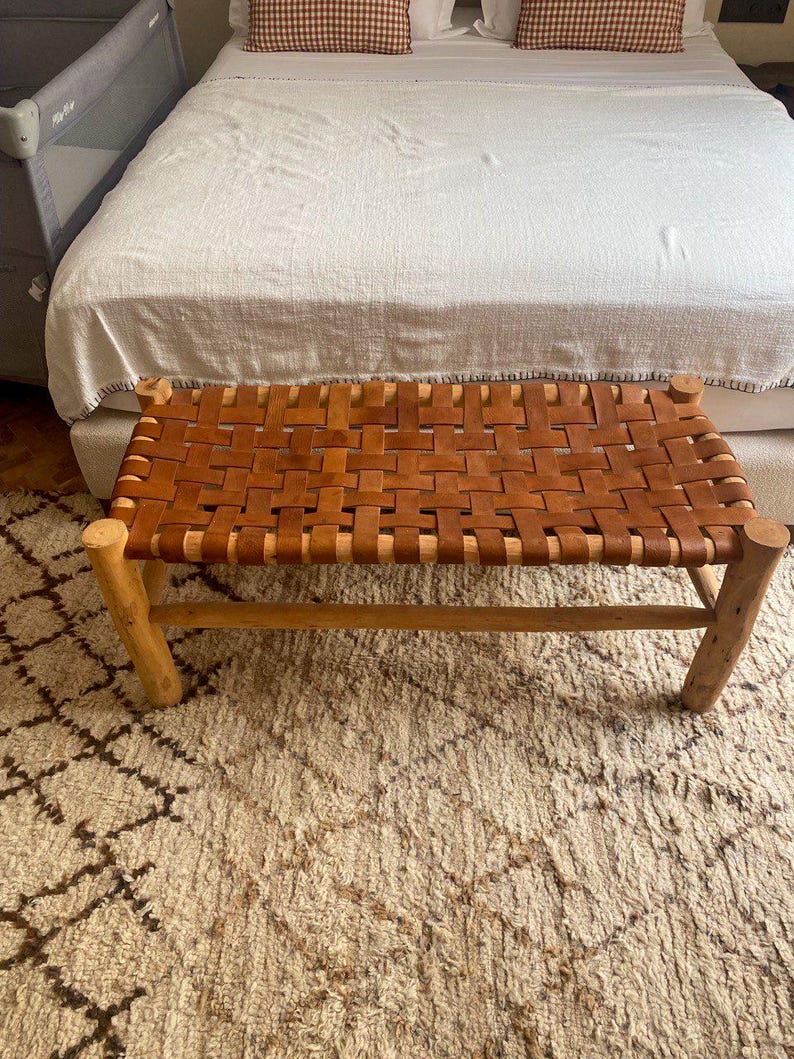 Moroccan Handcrafted Bench with Brown Leather