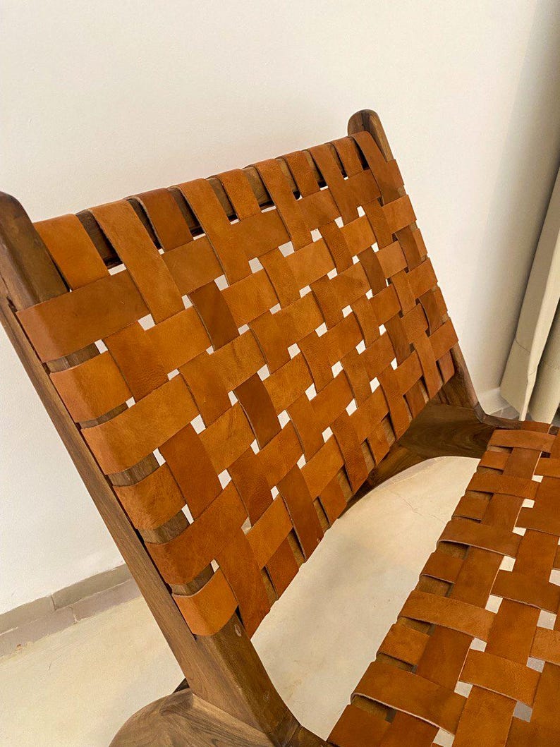 Walnut Lounge Chair & Stool Set – Woven Leather Handmade