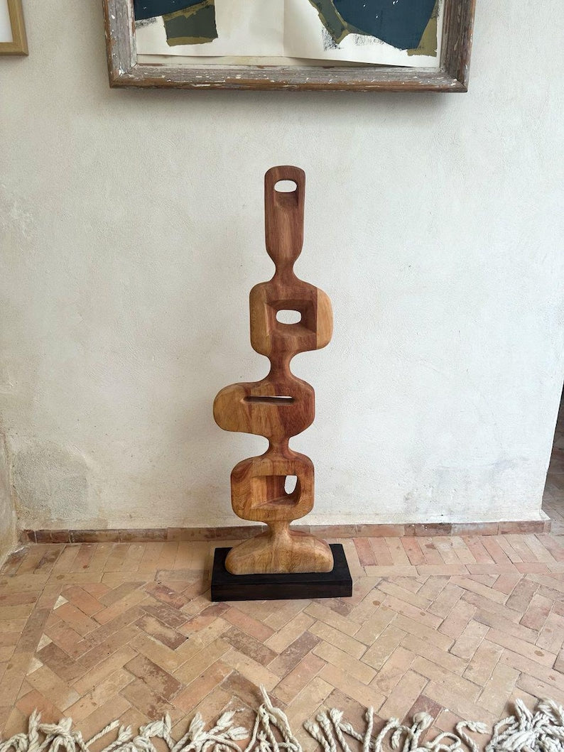 Hand-Carved Abstract Wood Sculpture – Modern Organic Art on Base