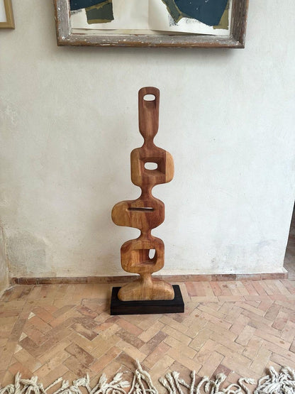 Hand-Carved Abstract Wood Sculpture – Modern Organic Art on Base