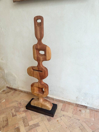 Hand-Carved Abstract Wood Sculpture – Modern Organic Art on Base