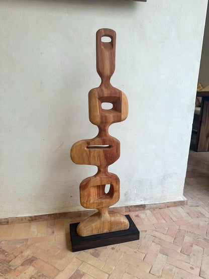 Hand-Carved Abstract Wood Sculpture – Modern Organic Art on Base