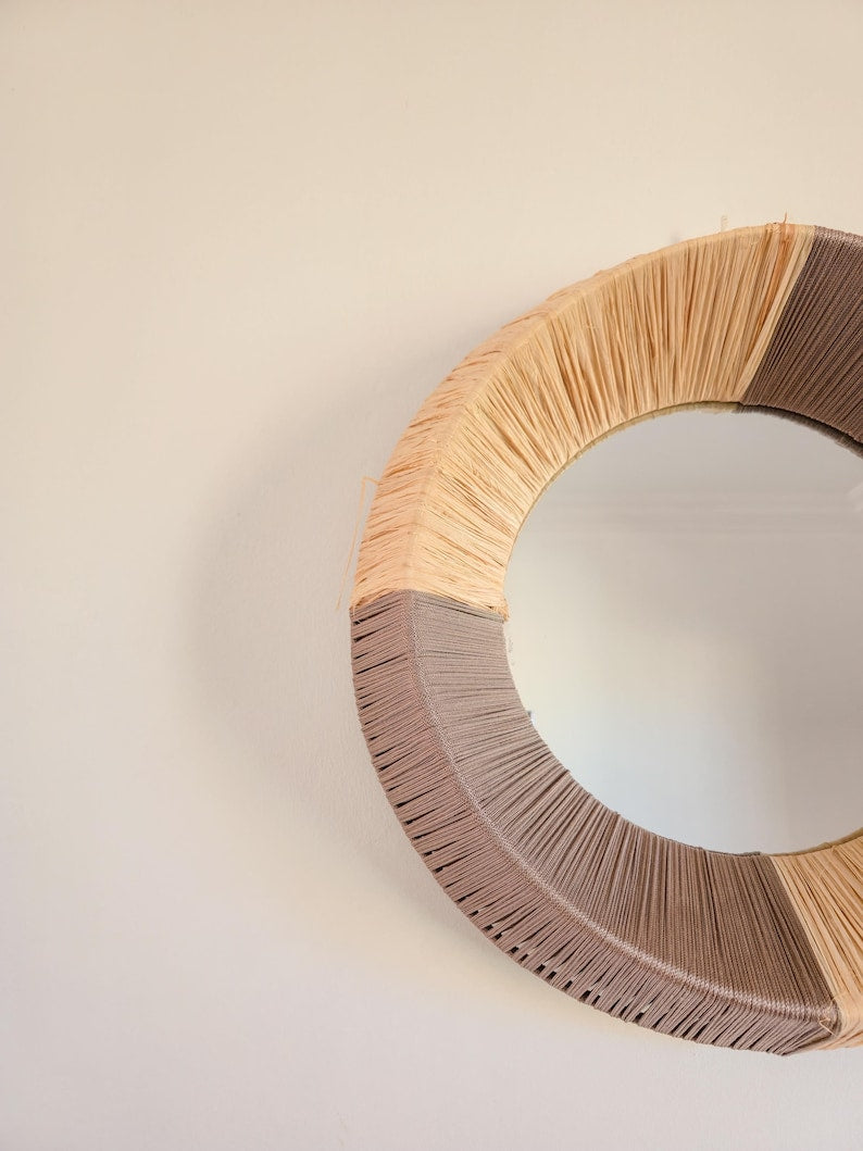 Moroccan cord raffia mirror in round shape