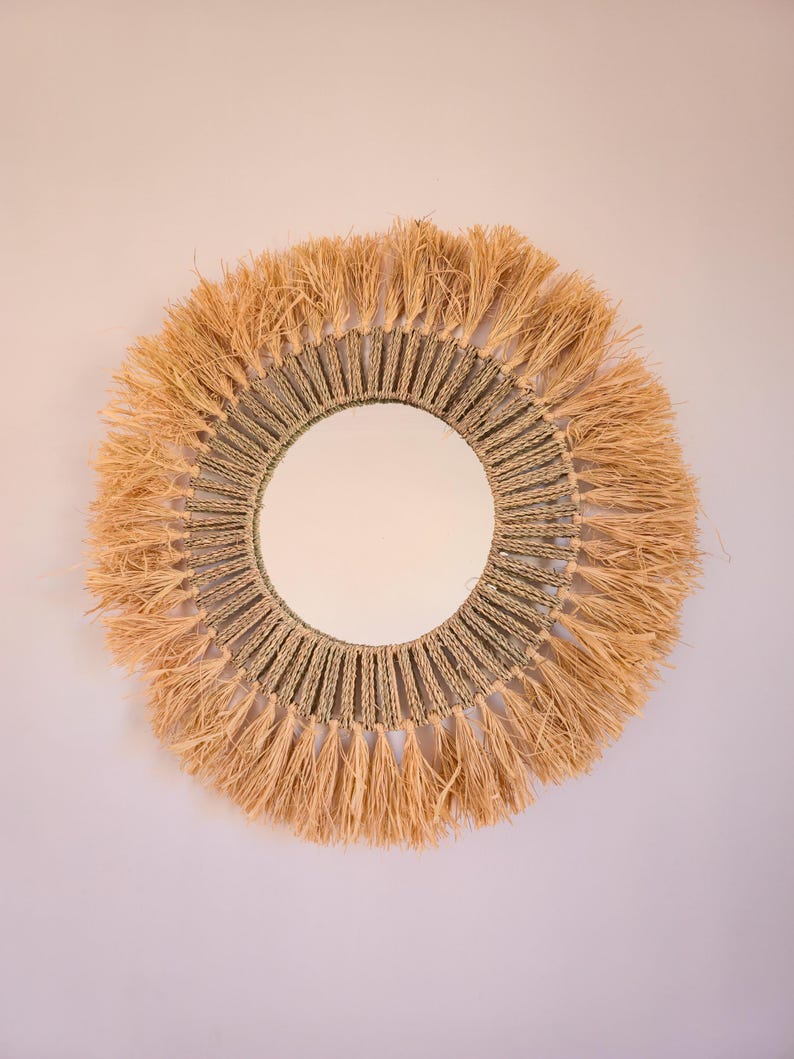 Moroccan cord raffia mirror in round shape