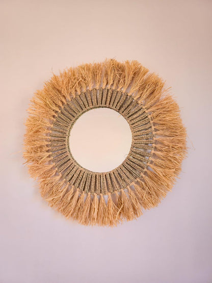 Moroccan cord raffia mirror in round shape