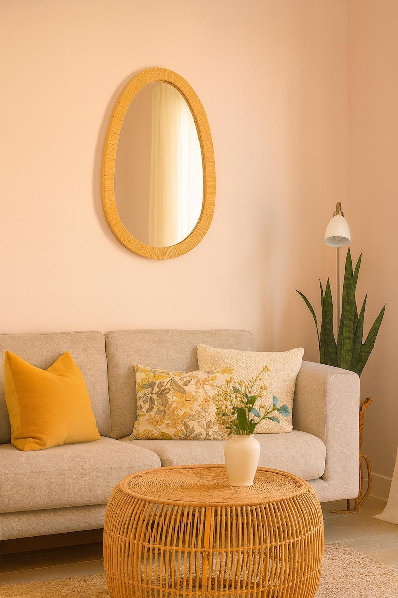 Moroccan raffia mirror in egg shape