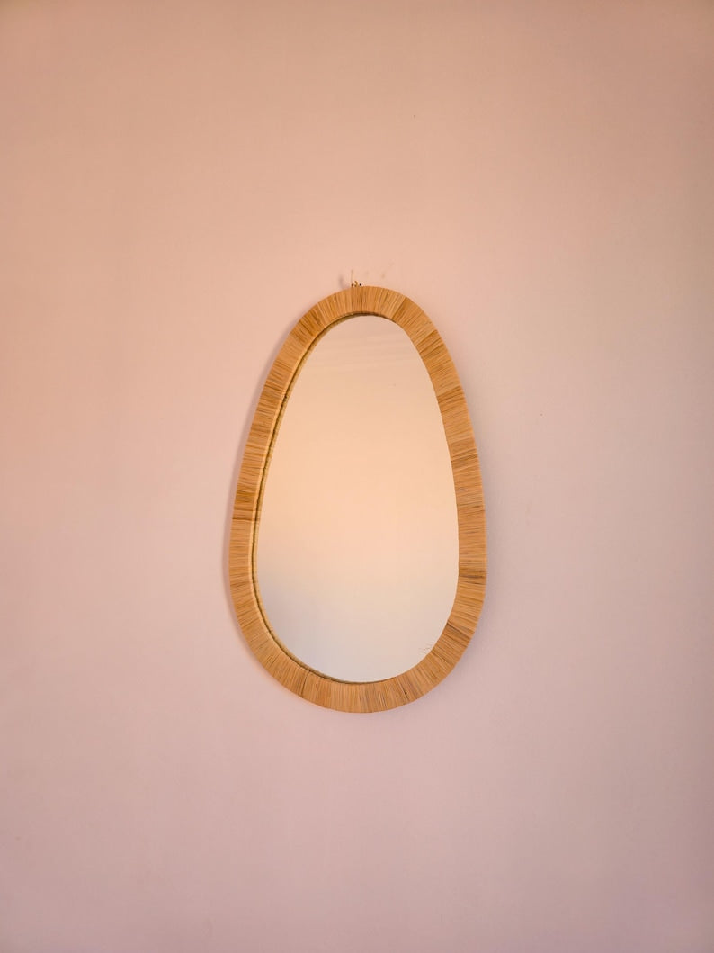 Moroccan raffia mirror in egg shape