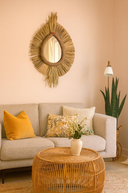 Moroccan paille & cord mirror in egg shape