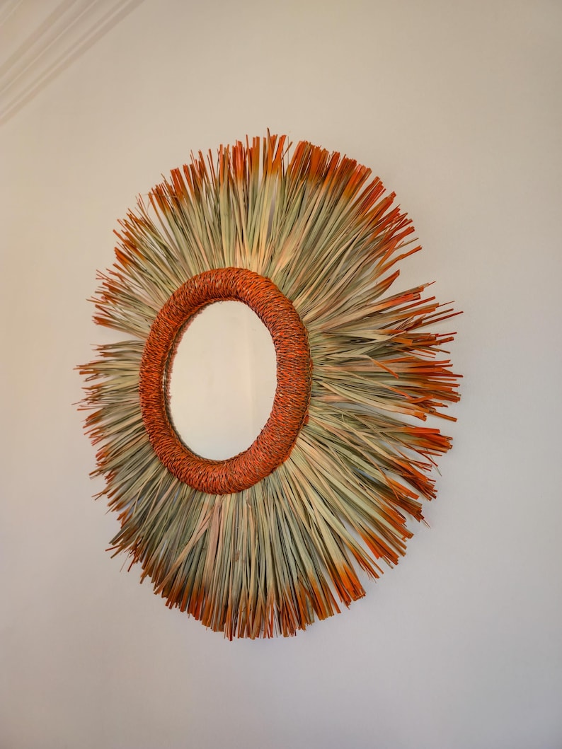 Moroccan paille & cord mirror in round shape