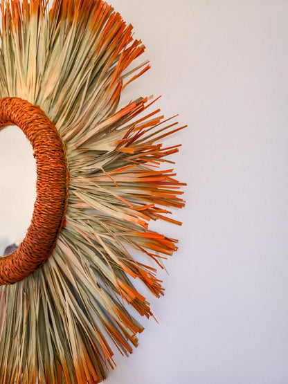 Moroccan paille & cord mirror in round shape