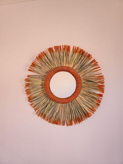 Moroccan paille & cord mirror in round shape