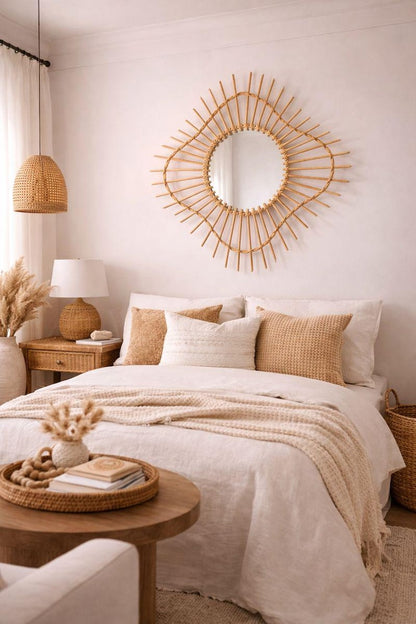 Moroccan wood and cord mirror in round shape