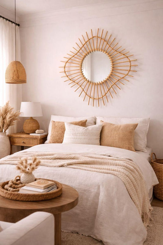 Moroccan wood and cord mirror in round shape