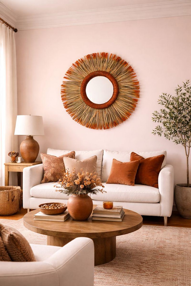 Moroccan paille & cord mirror in round shape
