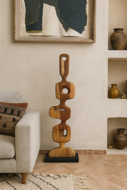 Hand-Carved Abstract Wood Sculpture – Modern Organic Art on Base