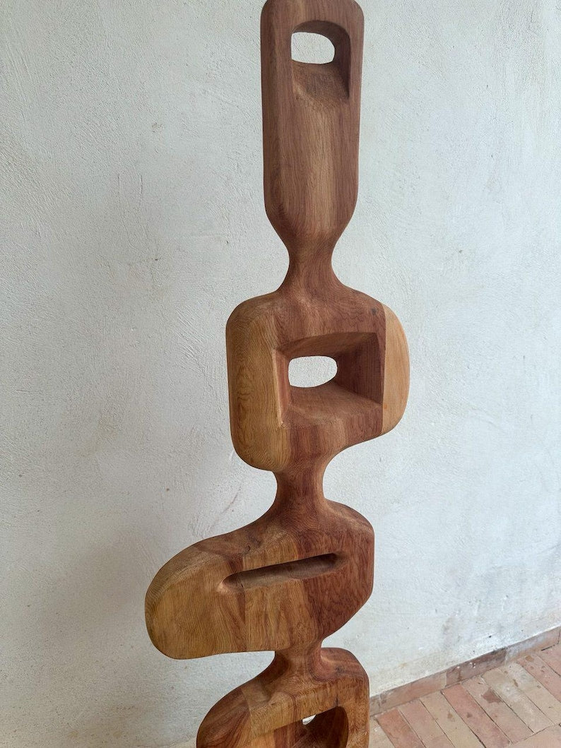 Hand-Carved Abstract Wood Sculpture – Modern Organic Art on Base