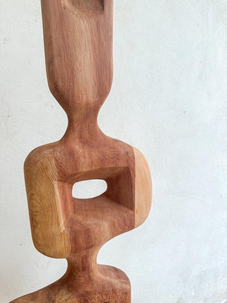 Hand-Carved Abstract Wood Sculpture – Modern Organic Art on Base