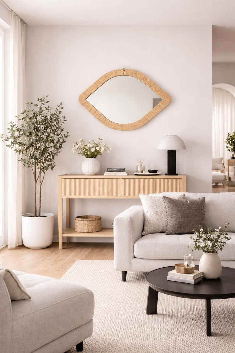 Moroccan raffia mirror in eye shape