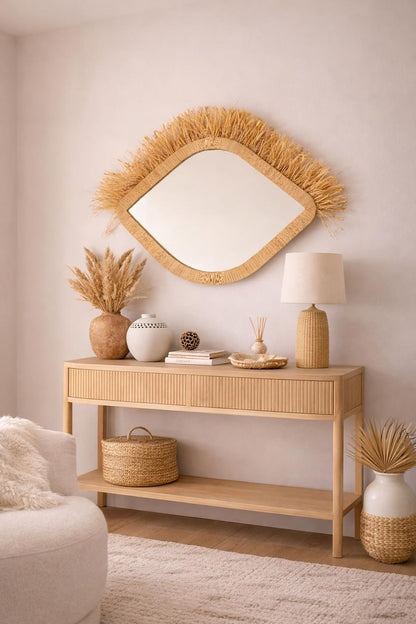 Moroccan raffia mirror in eye shape