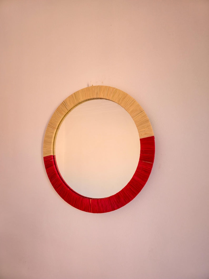 Moroccan cord raffia mirror in round shape