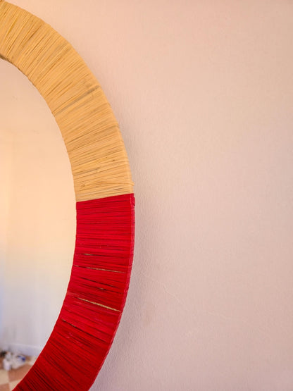 Moroccan cord raffia mirror in round shape
