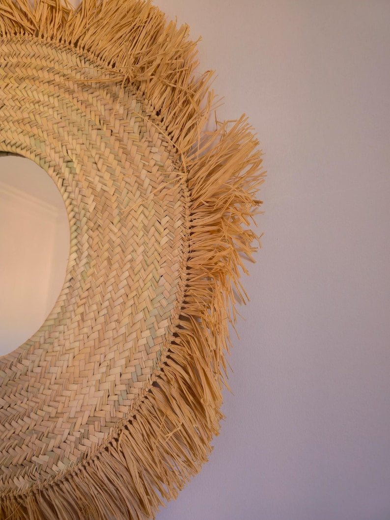 Moroccan cord raffia mirror in round shape