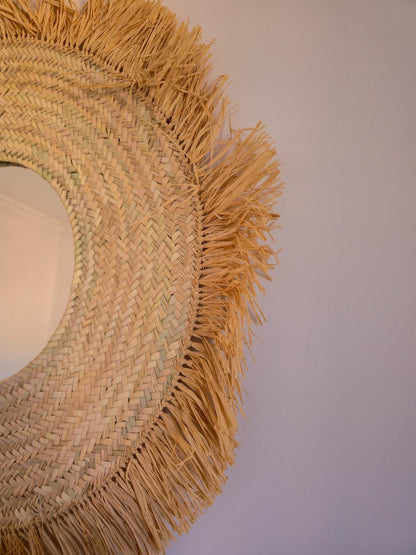 Moroccan cord raffia mirror in round shape