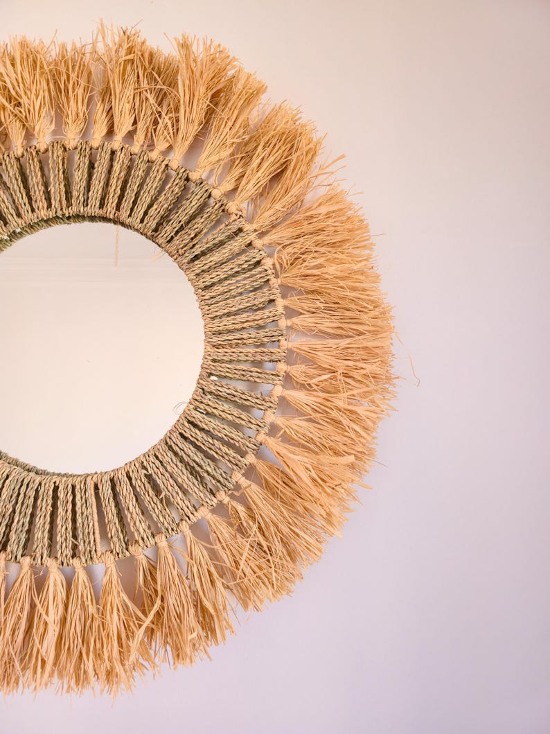 Moroccan cord raffia mirror in round shape