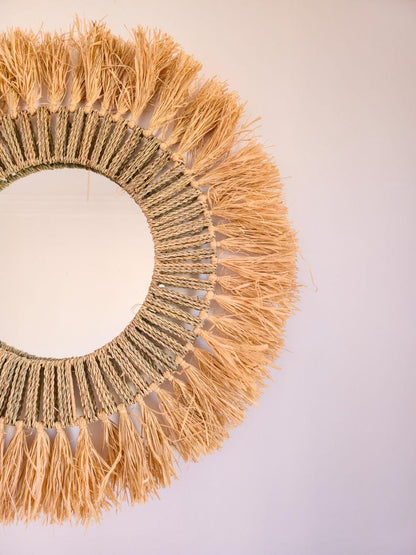 Moroccan cord raffia mirror in round shape