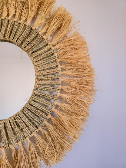 Moroccan cord raffia mirror in round shape