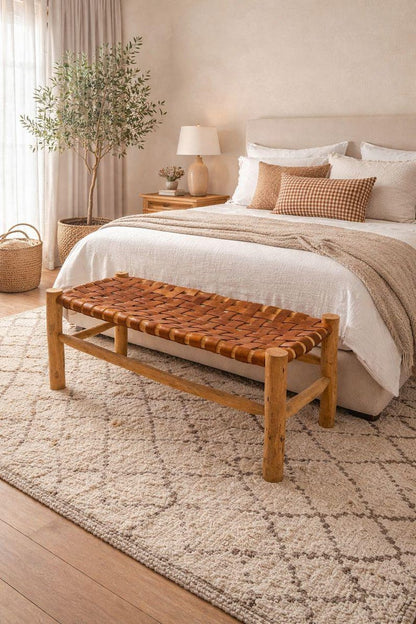 Moroccan Handcrafted Bench with Brown Leather