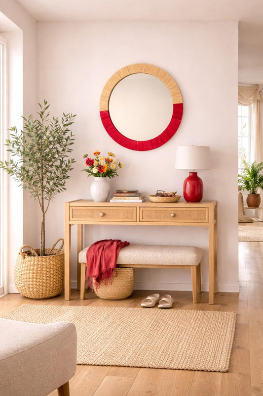 Moroccan cord raffia mirror in round shape